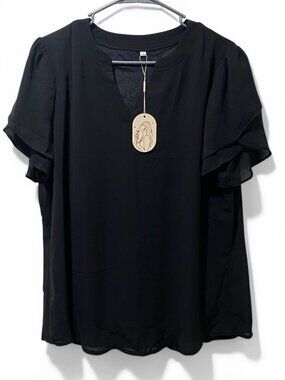 Black Ruffle Sleeve Chiffon Blouse L Lightweight & Elegant NWT